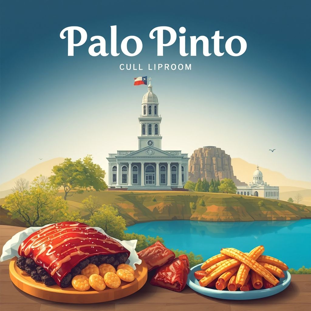 Ultra-high-definition gradient illustration of Palo Pinto County, Texas, featuring the Palo Pinto Courthouse, Possum Kingdom Lake, and Texas barbecue.