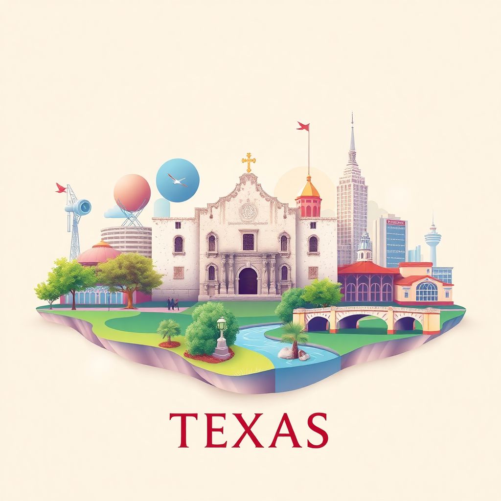 Ultra-high-definition gradient illustration style Texas illustration, showing the unique charm of the Alamo, the Space Center Houston, and the San Antonio River Walk.
