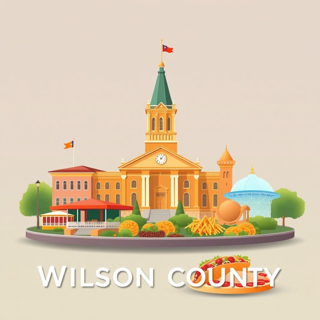 Ultra-high-definition gradient illustration of Wilson County, Texas, featuring the Wilson County Courthouse, Floresville City Lake, and Tex-Mex cuisine.