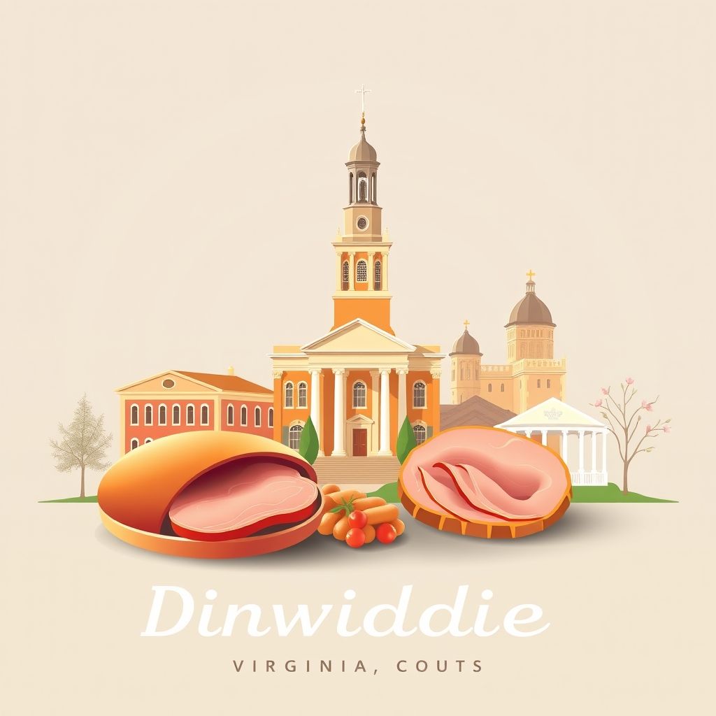 Ultra-high-definition gradient illustration of Dinwiddie County, Virginia, featuring the Historic Dinwiddie Courthouse, Pamplin Historical Park, and Virginia ham.