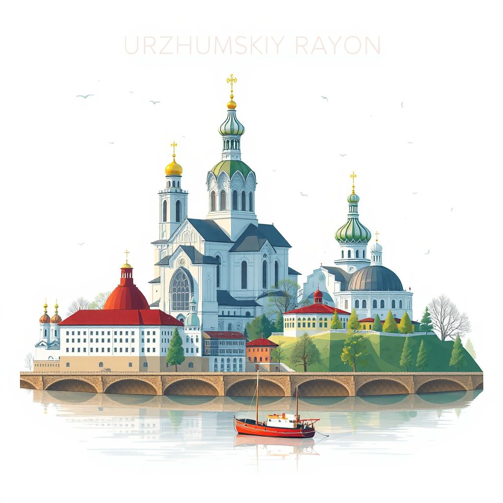 Ultra-high-definition gradient illustration style Urzhumskiy Rayon illustration, showing the unique charm of the Church of the Nativity of Christ, the Urzhum Local History Museum, and the Vyatka River.