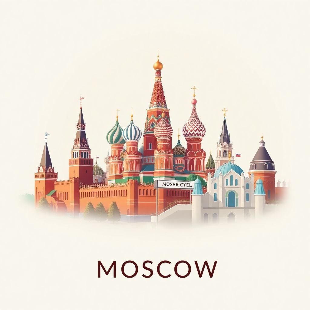 Ultra-high-definition gradient illustration style Moscow illustration, showing the unique charm of the Kremlin, St. Basil's Cathedral, and the Moscow Metro.