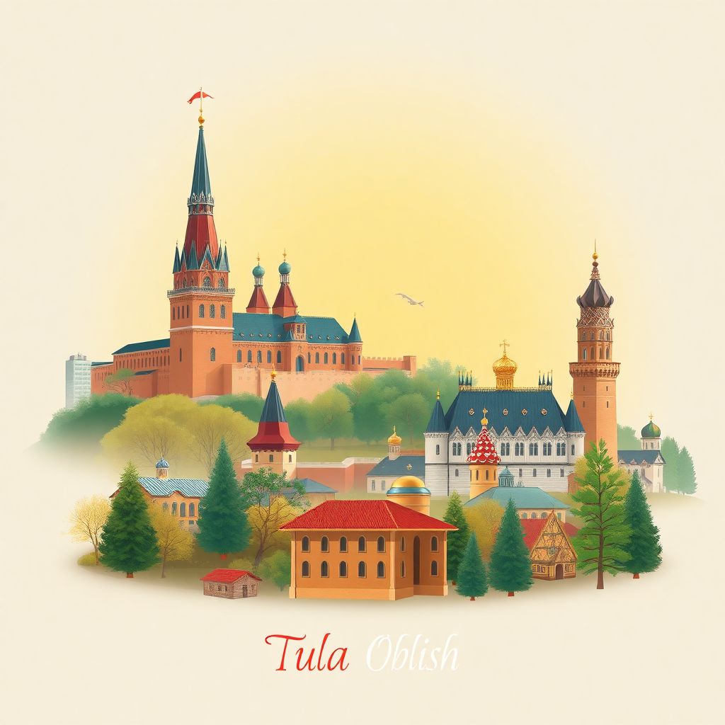 Ultra-high-definition gradient illustration of Tula Oblast, Russia, featuring the Tula Kremlin, Yasnaya Polyana estate, and traditional gingerbread.