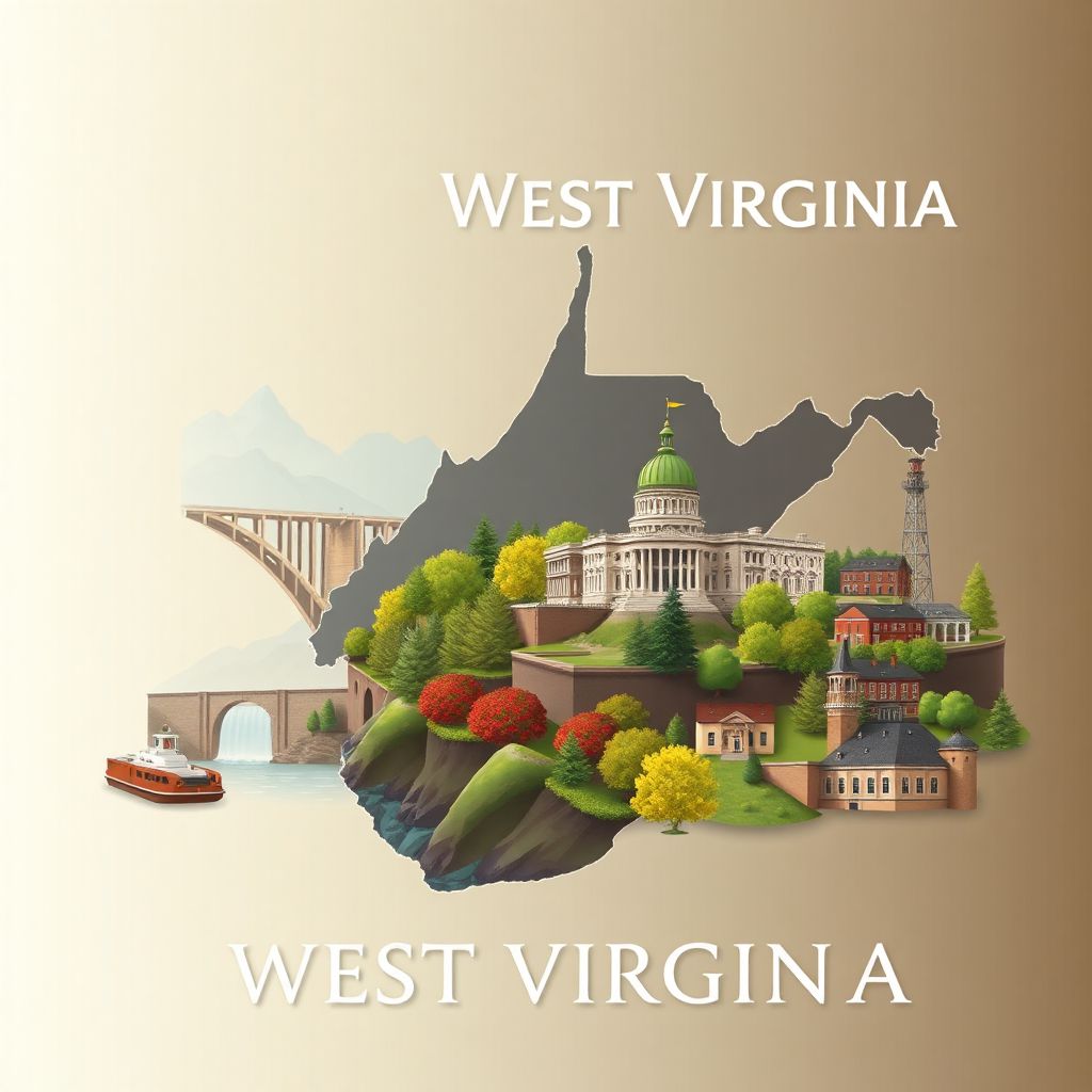 Ultra-high-definition gradient illustration of West Virginia featuring the New River Gorge Bridge, Blackwater Falls, and the West Virginia State Capitol.