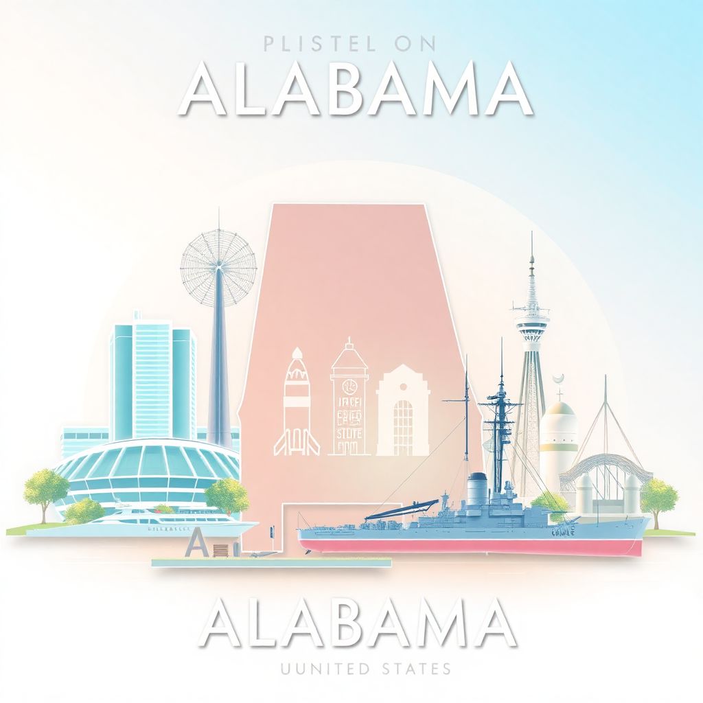 Ultra-high-definition gradient illustration style Alabama image, featuring the U.S. Space & Rocket Center in Huntsville and the USS Alabama Battleship Memorial Park in Mobile.