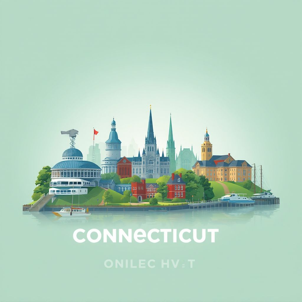 Ultra-high-definition gradient illustration style Connecticut illustration, showing the unique charm of Mystic Seaport Museum, Gillette Castle State Park, Yale University.