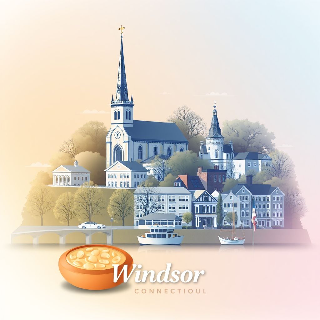 Ultra-high-definition gradient illustration of Windsor, Connecticut, featuring the First Church in Windsor, the Windsor Historical Society, the Connecticut River, historic architecture, and New England clam chowder.