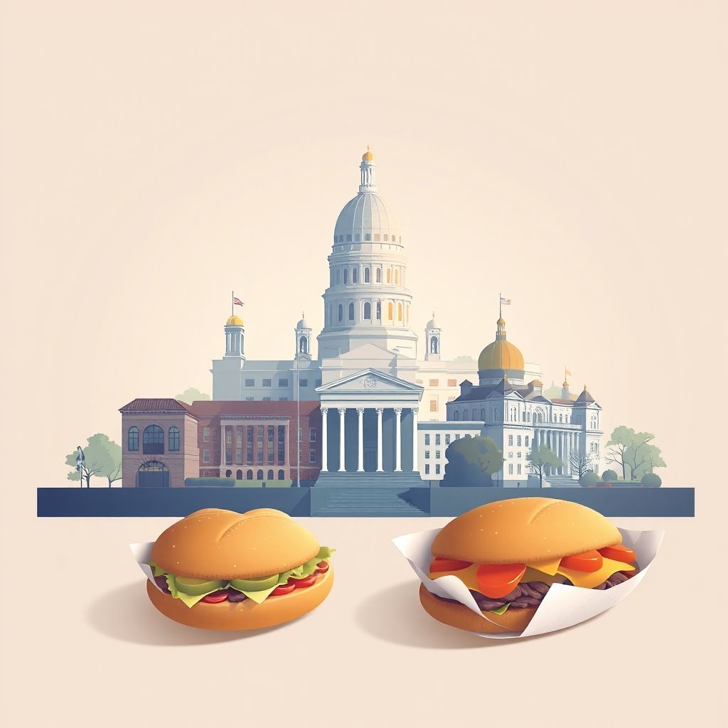 Ultra-high-definition gradient illustration of Township of English River, Washington County, Iowa, featuring the Old Capitol Building, the University of Iowa, and loose meat sandwiches.