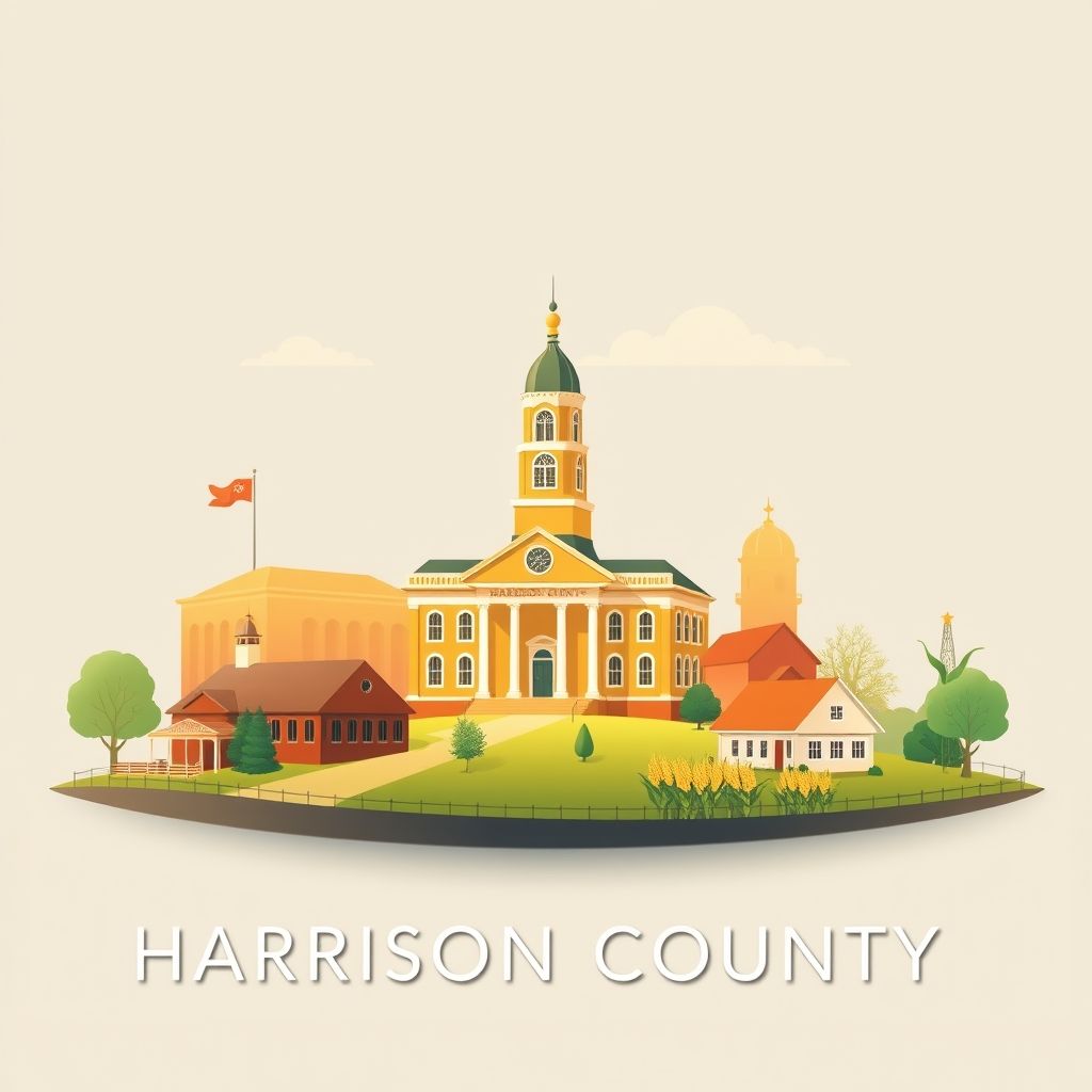 Ultra-high-definition gradient illustration of Harrison County, Iowa, featuring the Harrison County Courthouse, Loess Hills, Historical Village, and sweet corn.