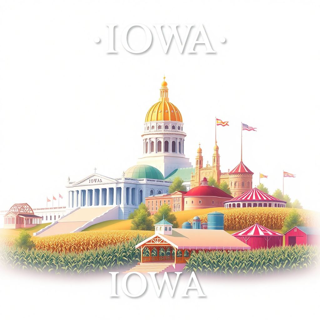 Ultra-high-definition gradient illustration of Iowa, featuring the Iowa State Capitol, covered bridges of Madison County, and Iowa State Fair.