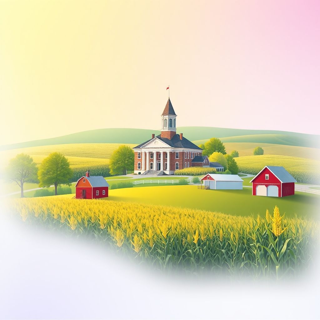 Ultra-high-definition gradient illustration of Township of La Grange, featuring the Harrison County Courthouse, Loess Hills, cornfields, a red barn, and Iowa sweet corn.