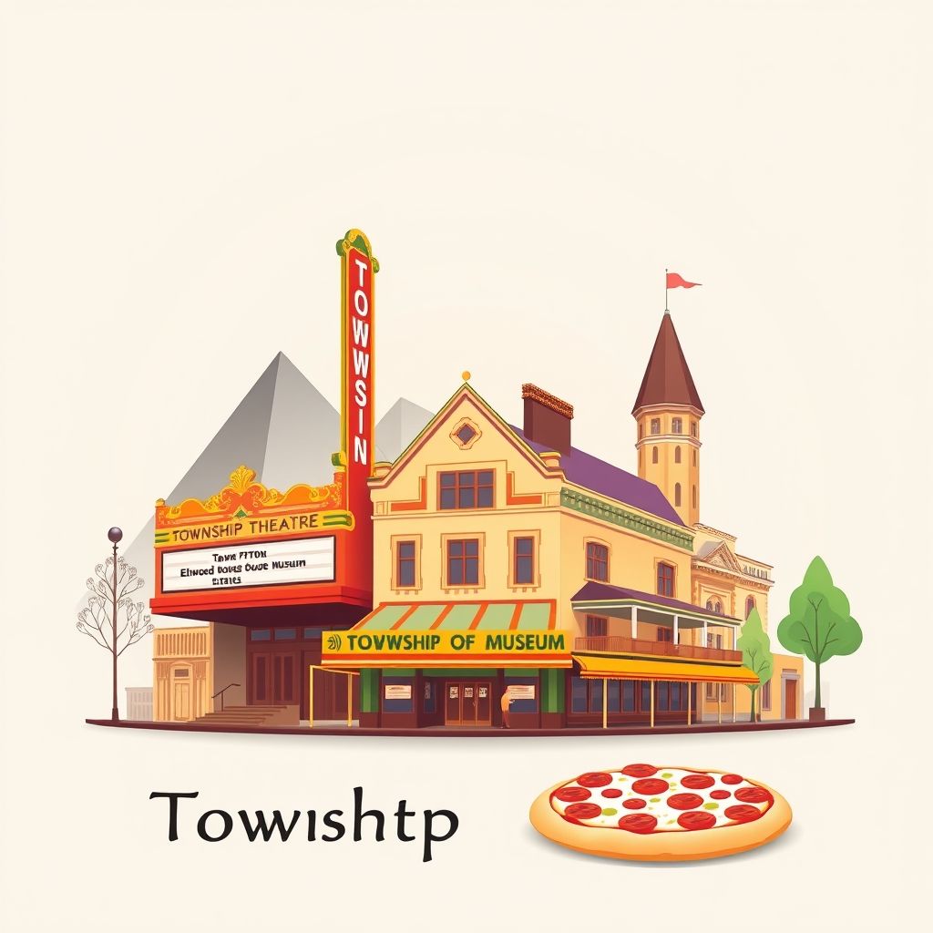 Ultra-high-definition gradient illustration style Township of Afton illustration, showing the unique charm of the Egyptian Theatre, the Ellwood House Museum and Chicago-style pizza.