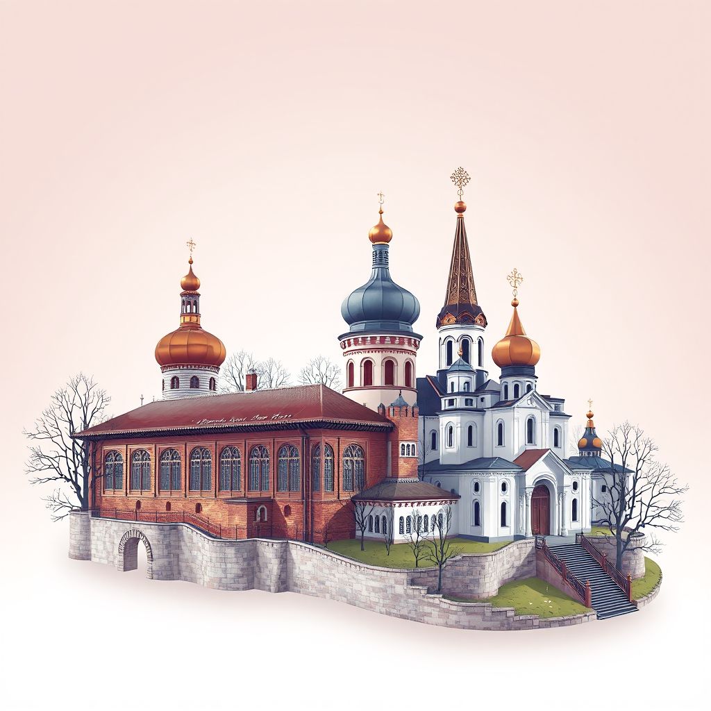 Ultra-high-definition gradient illustration of Starorusskiy Rayon, Novgorod Oblast, Russia, featuring the Staraya Russa Museum of Local Lore and ancient churches.