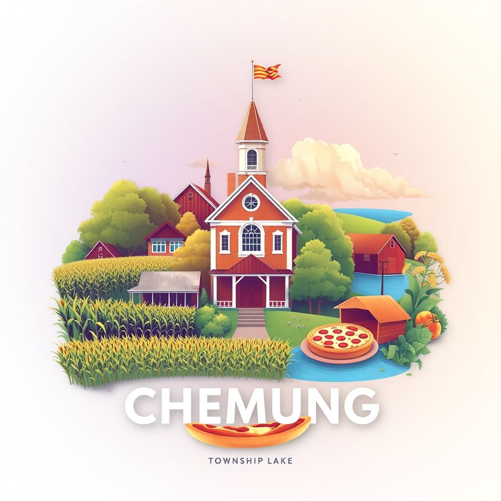 Ultra-high-definition gradient illustration of Township of Chemung, featuring Chemung Township Hall, Chemung Lake, corn fields, and deep-dish pizza.