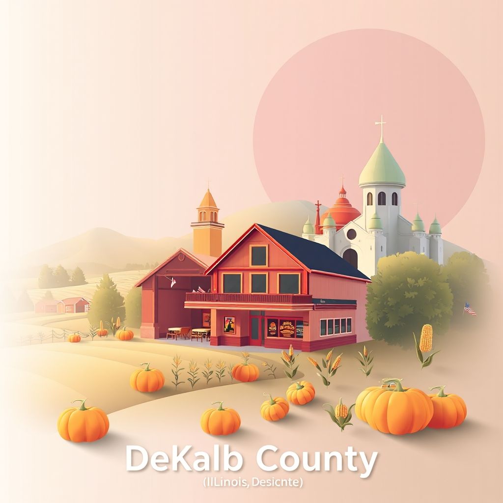 Ultra-high-definition gradient illustration of DeKalb County, Illinois, featuring the Egyptian Theatre, Gurler House, rural landscapes, and local specialties like corn and pumpkins.