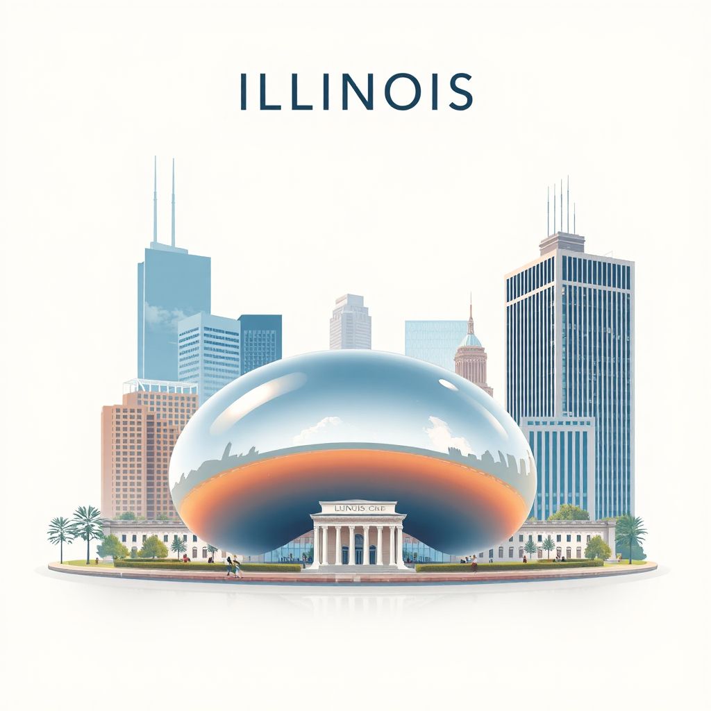 Ultra-high-definition gradient illustration style Illinois illustration, featuring the Cloud Gate (The Bean) in Chicago and the Abraham Lincoln Presidential Library and Museum in Springfield.