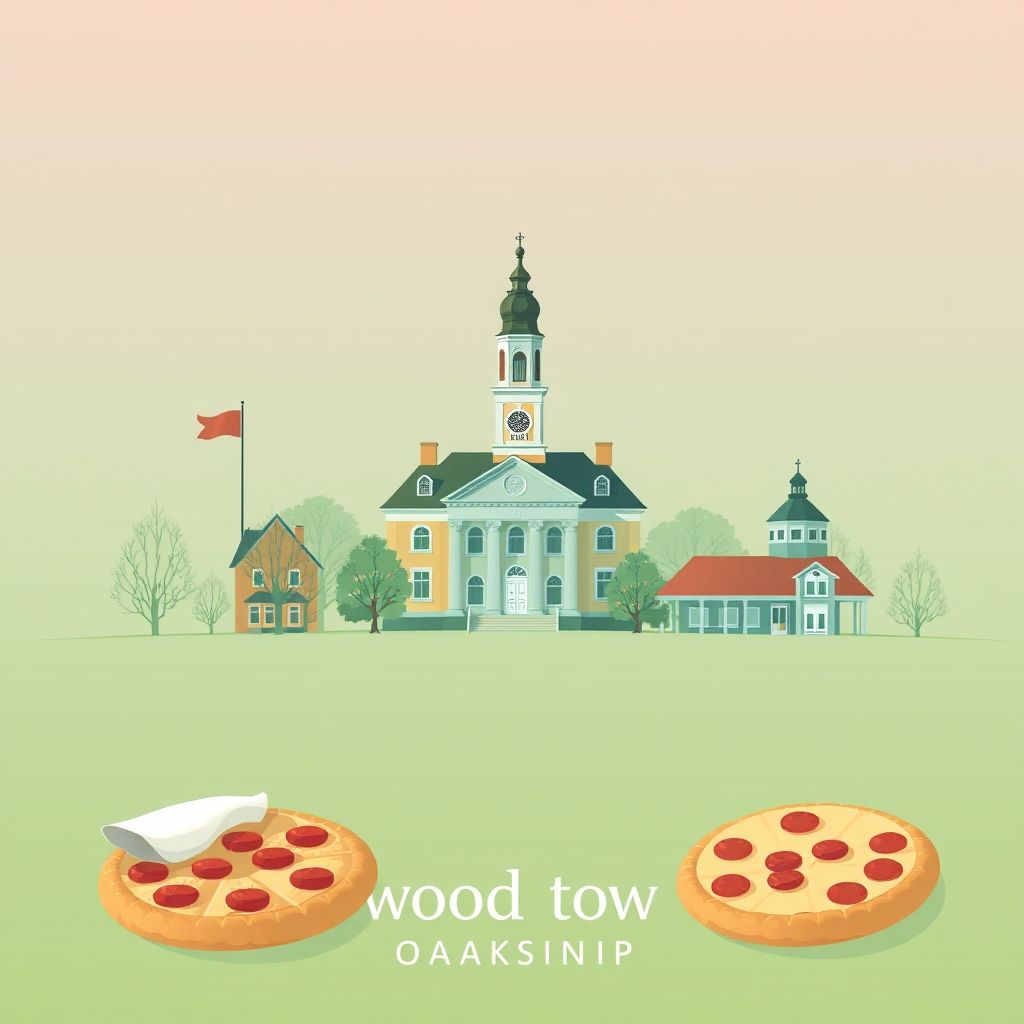 Ultra-high-definition gradient illustration of Oakwood Township featuring the Vermilion County Courthouse, Kickapoo State Recreation Area, and deep-dish pizza.