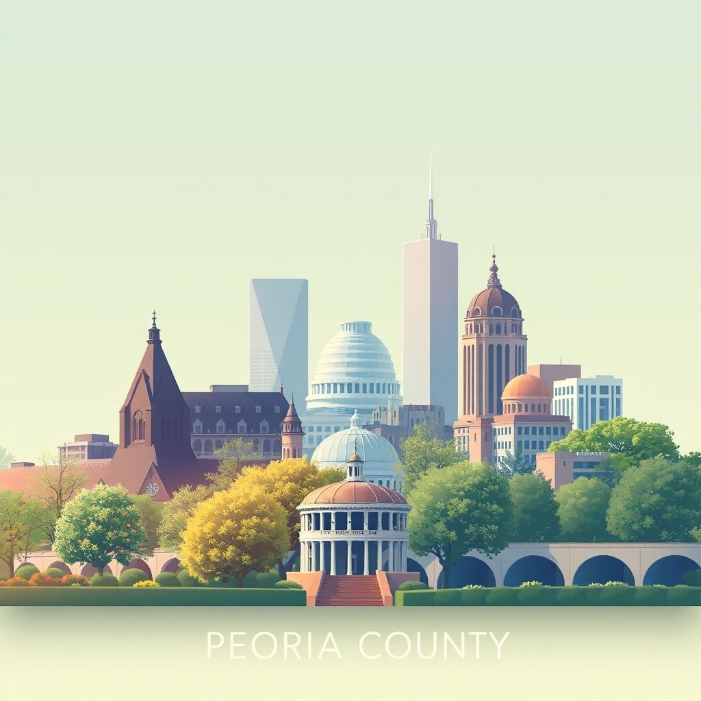 Ultra-high-definition gradient illustration of Peoria County, Illinois, featuring the Luthy Botanical Garden, the Peoria Riverfront Museum, and the Horseshoe sandwich.