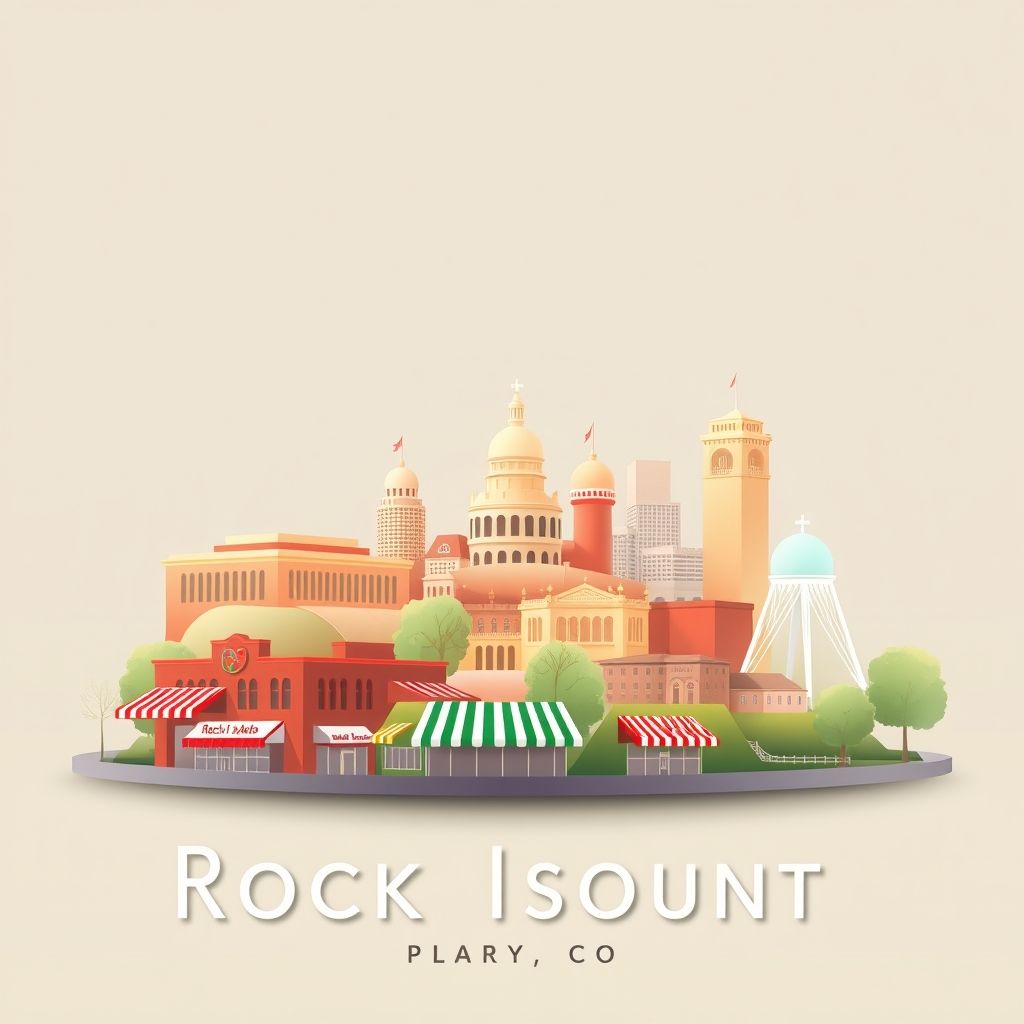 Ultra-high-definition gradient illustration of Rock Island County, Illinois, featuring the Rock Island Arsenal, the Black Hawk State Historic Site, and whitey's ice cream.