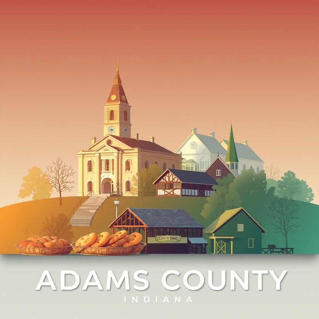 Ultra-high-definition gradient illustration of Adams County, Indiana, featuring the Adams County Courthouse, the Swiss Heritage Village, and Amish-style baked goods.