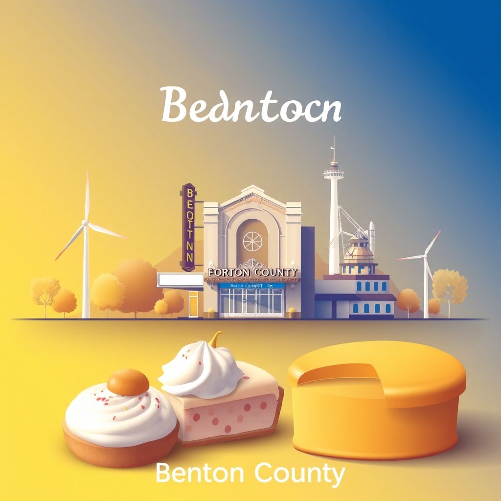 Ultra-high-definition gradient illustration of Benton County, Indiana, featuring the Fowler Theatre, Benton County Wind Farm, and sugar cream pie.