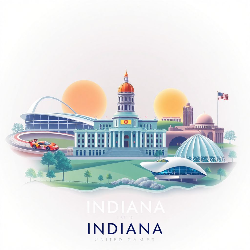 Ultra-high-definition gradient illustration style Indiana picture, showcasing the unique charm of the Indianapolis Motor Speedway, Indiana State Capitol, and Indiana Dunes National Park.
