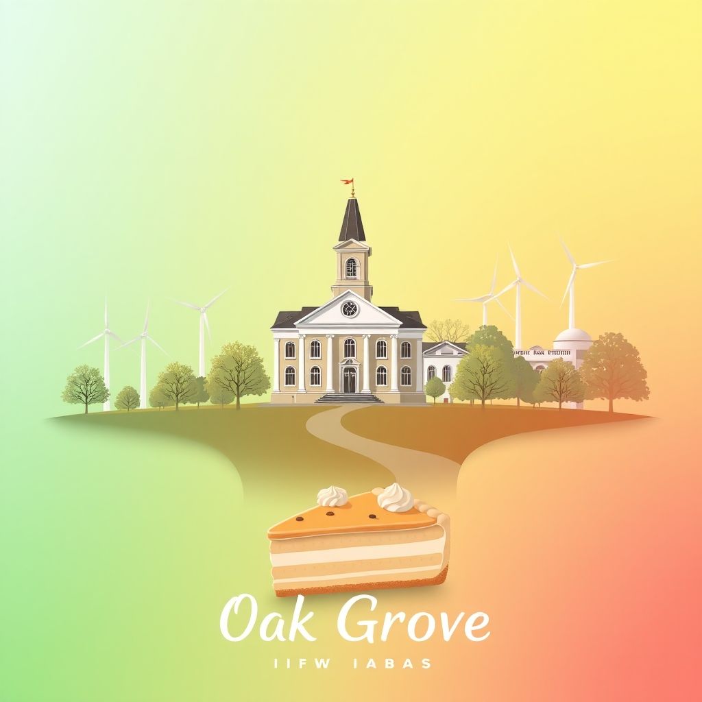 Ultra-high-definition gradient illustration of Township of Oak Grove, featuring the Benton County Courthouse, wind farms, and sugar cream pie.