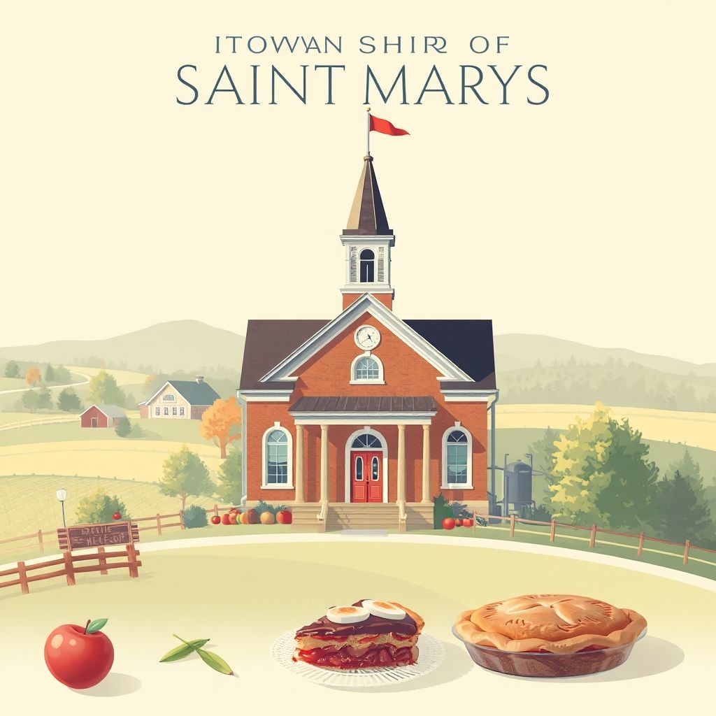 Ultra-high-definition gradient illustration of Township of Saint Marys, featuring Saint Marys Township Hall, rural landscapes, and apple pie.