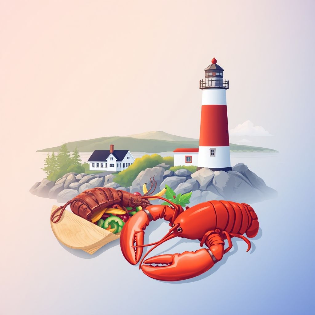 Ultra-high-definition gradient illustration of Plantation of Baring, featuring West Quoddy Head Light, Moosehorn National Wildlife Refuge, and Maine lobster.