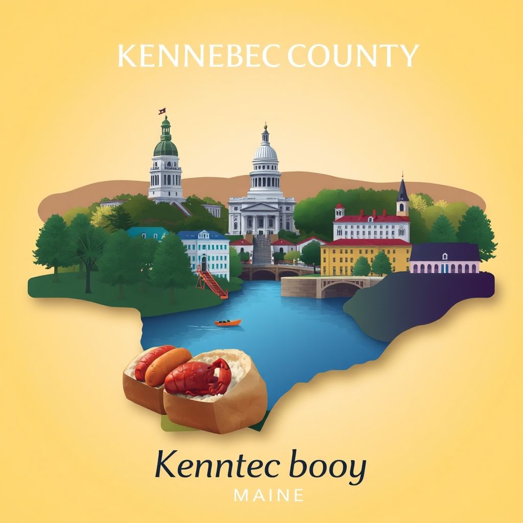 Ultra-high-definition gradient illustration of Kennebec County, Maine, featuring the Maine State Capitol, Kennebec River, Old Fort Western, and lobster rolls.