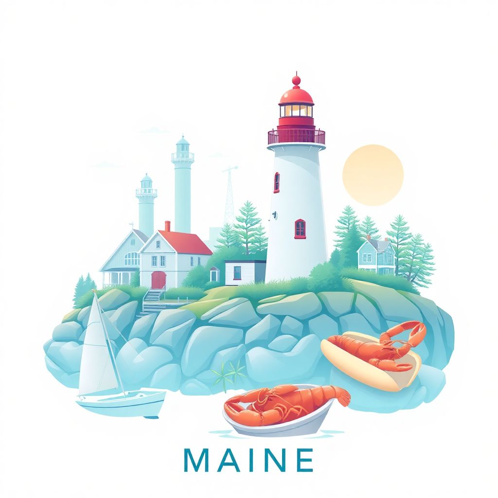 Ultra-high-definition gradient illustration style Maine, featuring the Portland Head Light, Acadia National Park, and a lobster roll.