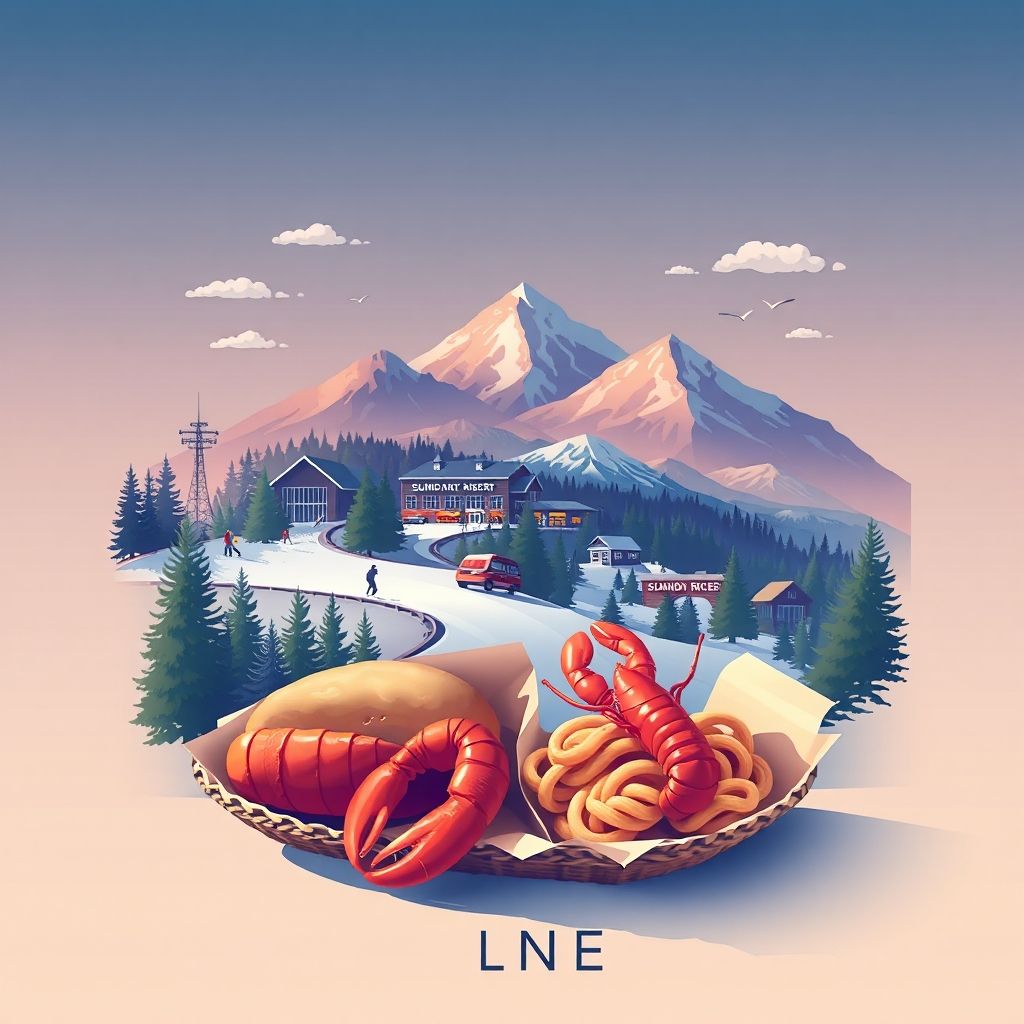 Ultra-high-definition gradient illustration of Unorganized Territory of North Oxford, Maine, featuring Sunday River Ski Resort, White Mountains, and lobster rolls.