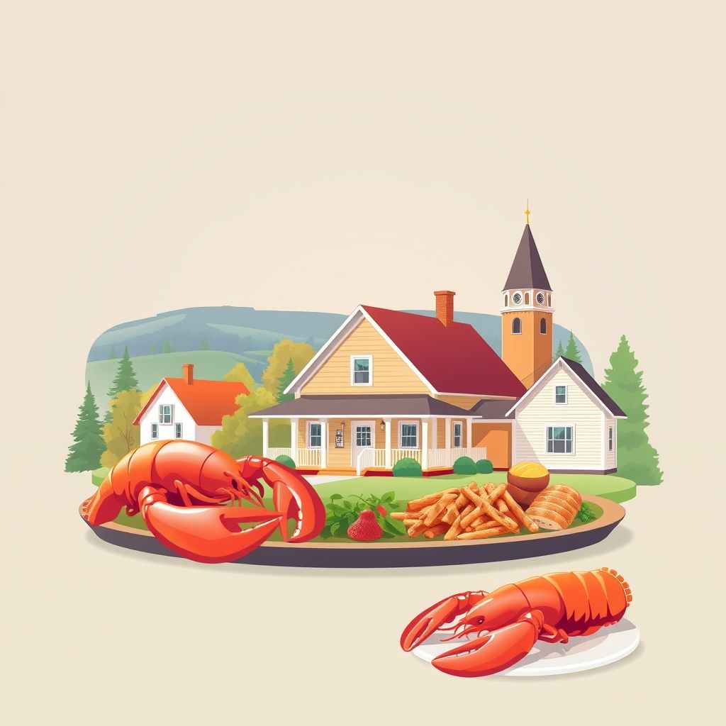 Ultra-high-definition gradient illustration of Orient, Maine, featuring the picturesque countryside, the historic Orient Museum, and Maine's famous lobster dishes.