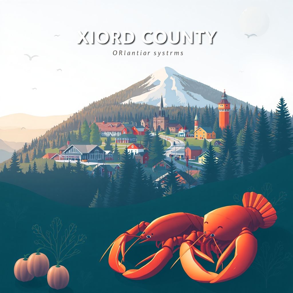 Ultra-high-definition gradient illustration of Oxford County, Maine, featuring Sunday River Ski Resort, White Mountain National Forest, and Maine lobster.