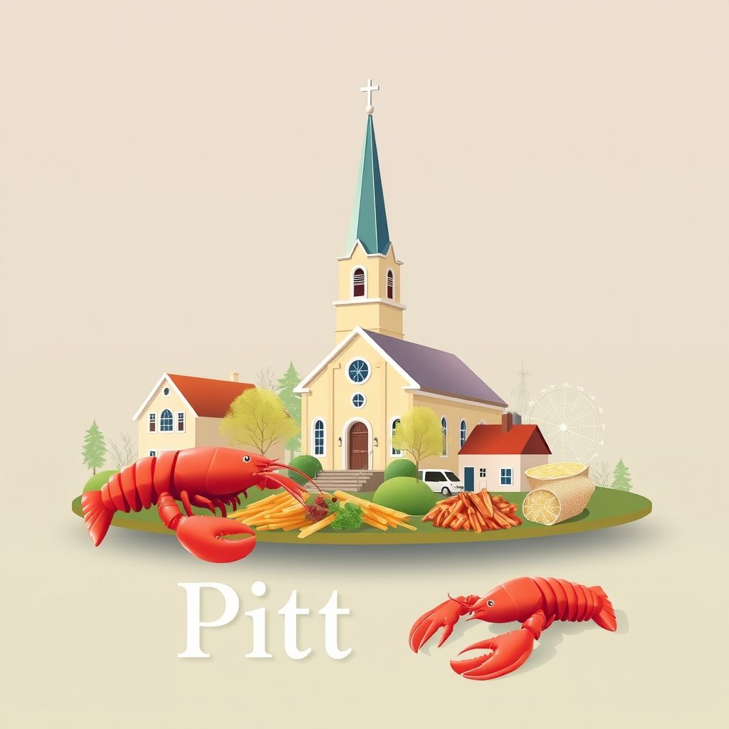 Ultra-high-definition gradient illustration of Pittston, Maine, featuring the Pittston Congregational Church, Eastern River, and Maine lobster.