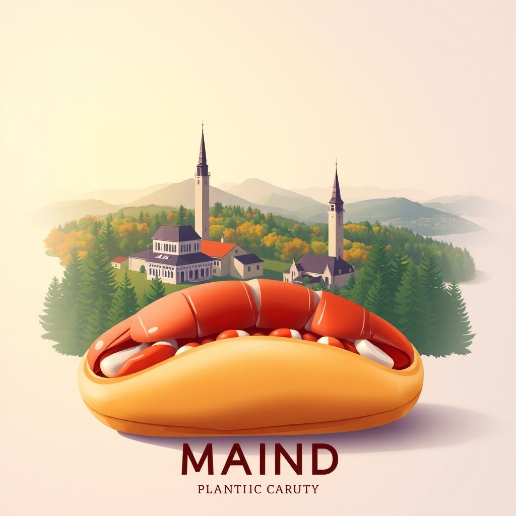 Ultra-high-definition gradient illustration of Plantation of Reed, Aroostook County, Maine, featuring Aroostook State Park, scenic landscapes, and Maine's famous lobster rolls.