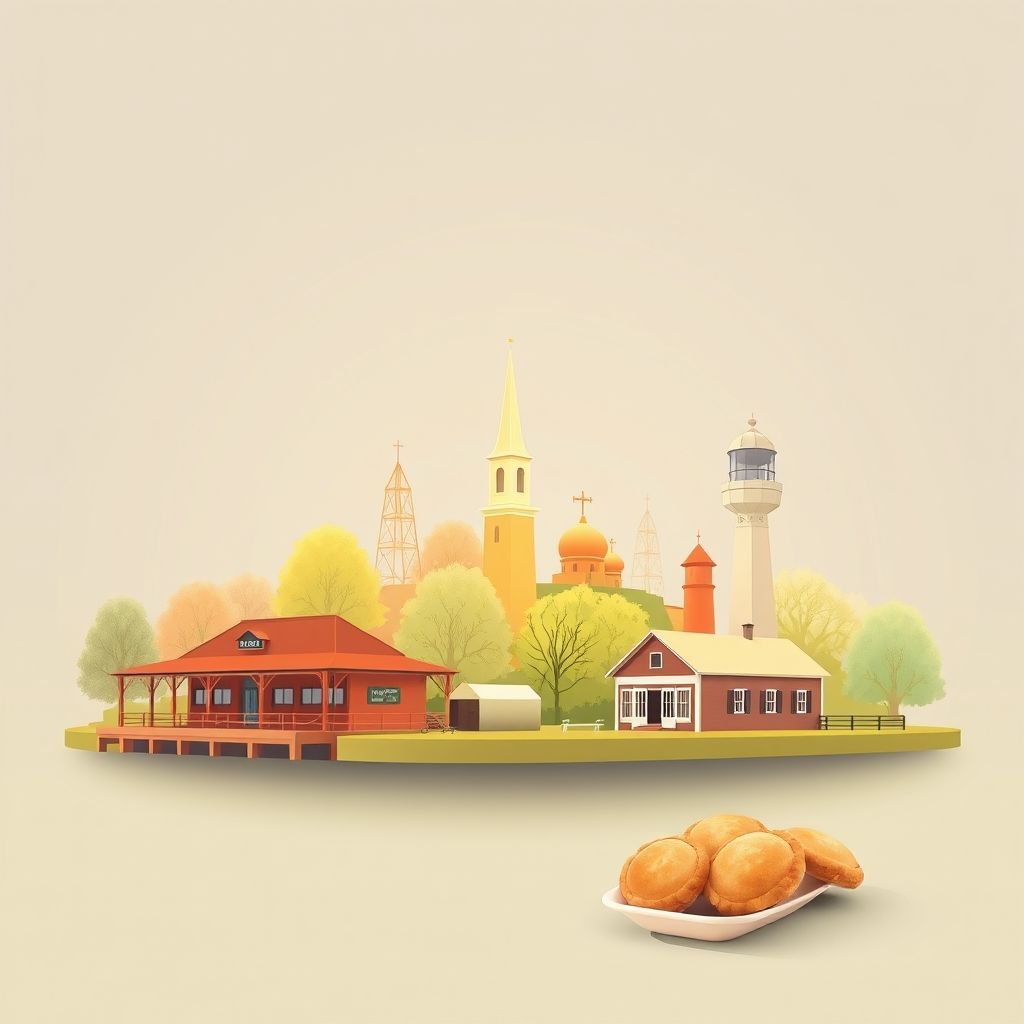 Ultra-high-definition gradient illustration of Arenac County, Michigan, featuring the Au Gres River, Standish Historic Depot, and pasties.