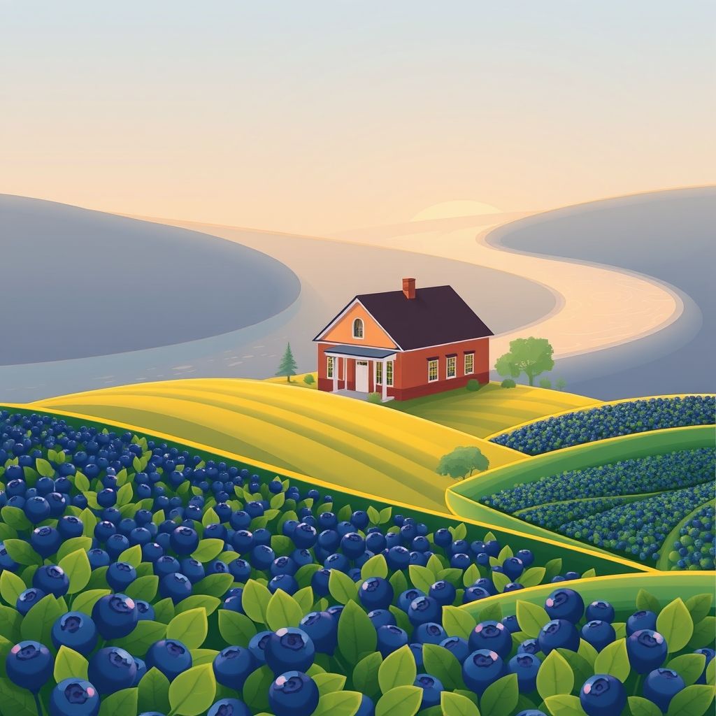 Ultra-high-definition gradient illustration of Township of Arlington, featuring Arlington Township Hall, Paw Paw River, and blueberry fields.