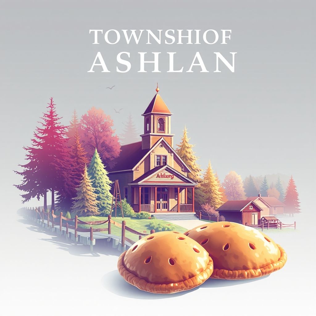 Ultra-high-definition gradient illustration of Township of Ashland, featuring the Muskegon River, Ashland Township Hall, lumber industry, and pasties.