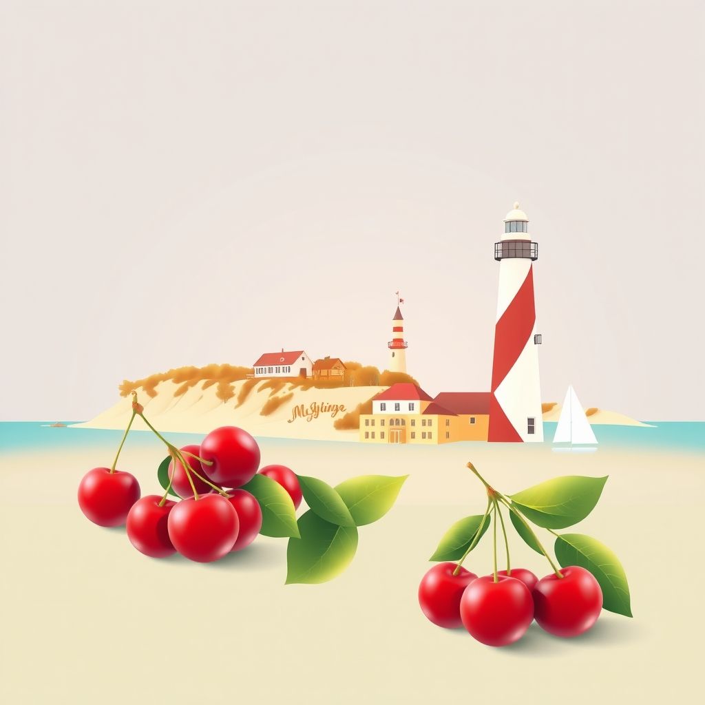 Ultra-high-definition gradient illustration of Berrien County, Michigan, featuring Warren Dunes State Park, St. Joseph Lighthouse, and Michigan cherries.