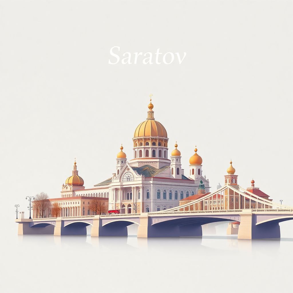 Ultra-high-definition gradient illustration of Saratov, featuring the Saratov State Radishchev Art Museum and the Saratov Bridge.