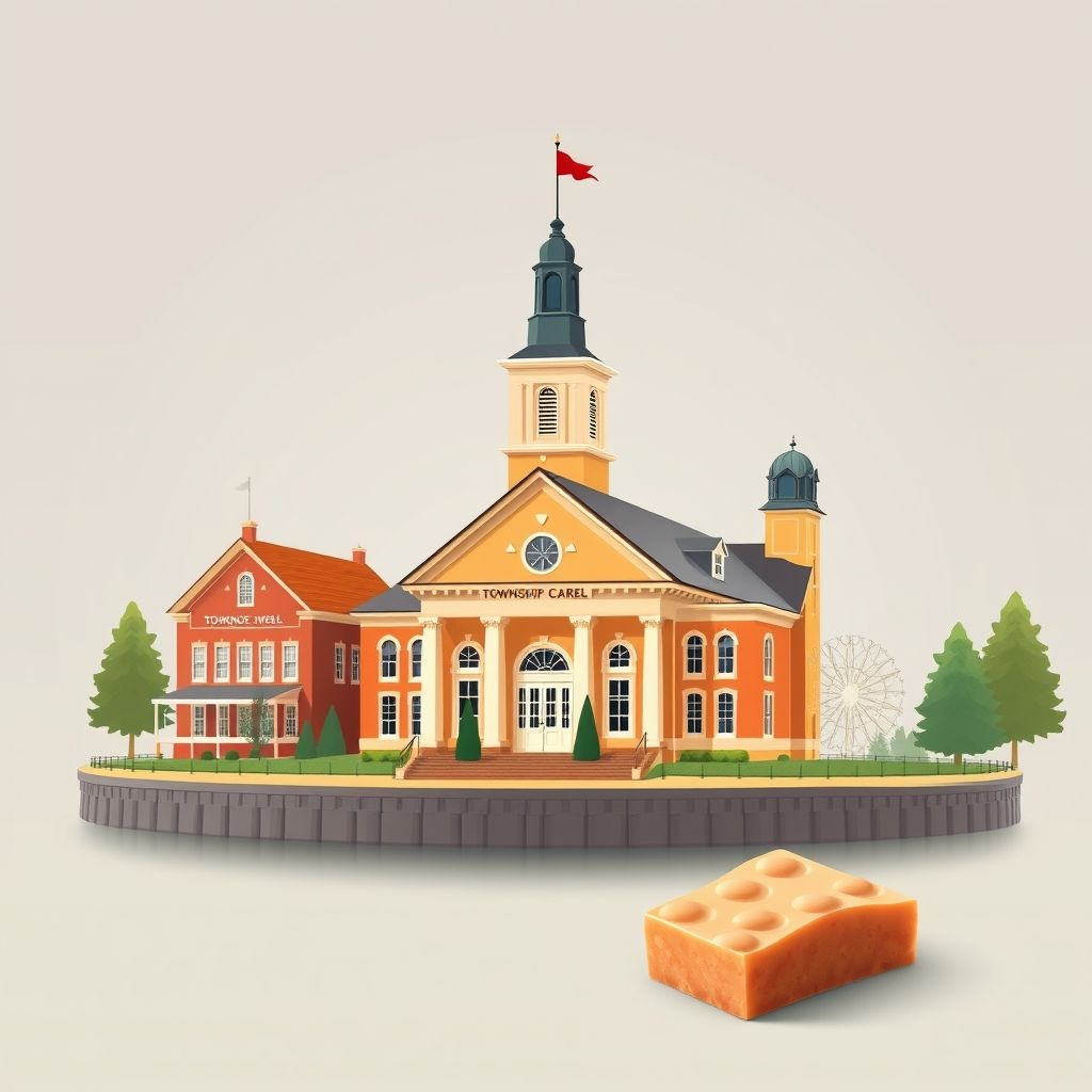 Ultra-high-definition gradient illustration of Township of Carmel, featuring Carmel Township Hall, Grand River, and Mackinac Island fudge.