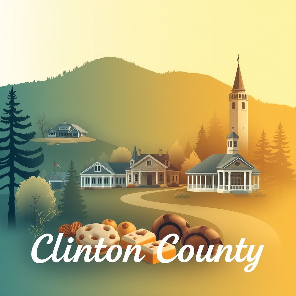 Ultra-high-definition gradient illustration of Clinton County, Michigan, featuring Sleepy Hollow State Park, the Paine-Gillam-Scott Museum, and Mackinac Island fudge.