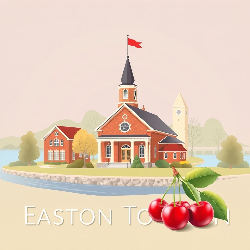 Ultra-high-definition gradient illustration of Easton Township, featuring the historic Easton Township Hall, the scenic Grand River, and Michigan cherries.