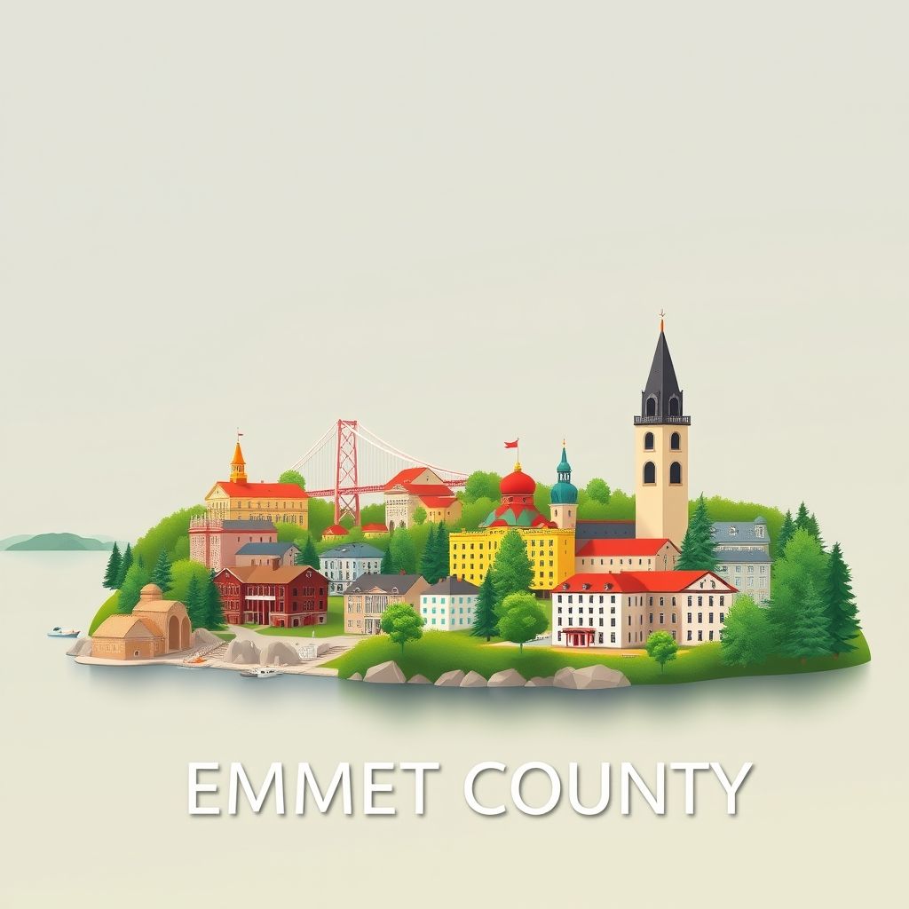 Ultra-high-definition gradient illustration of Emmet County, Michigan, featuring the Mackinac Bridge, Mackinac Island, Lake Michigan coastline, and local fudge.