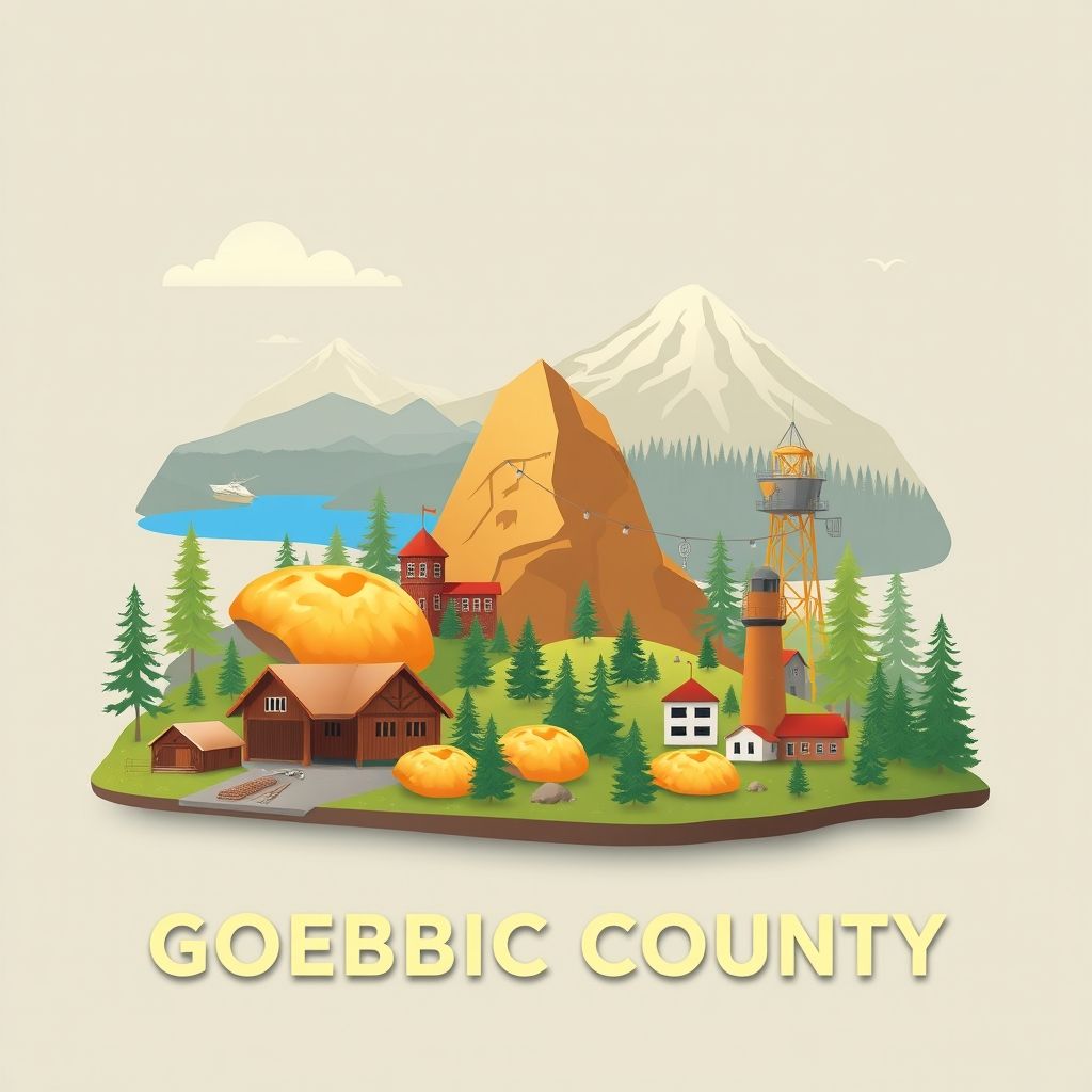 Ultra-high-definition gradient illustration of Gogebic County, Michigan, featuring Lake Gogebic, Ottawa National Forest, mining history, and pasties.