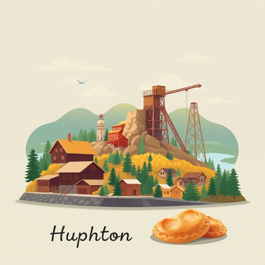 Ultra-high-definition gradient illustration of Houghton County, Michigan, featuring the Quincy Mine Hoist Association, Keweenaw Peninsula, copper mining history, and local pasties.