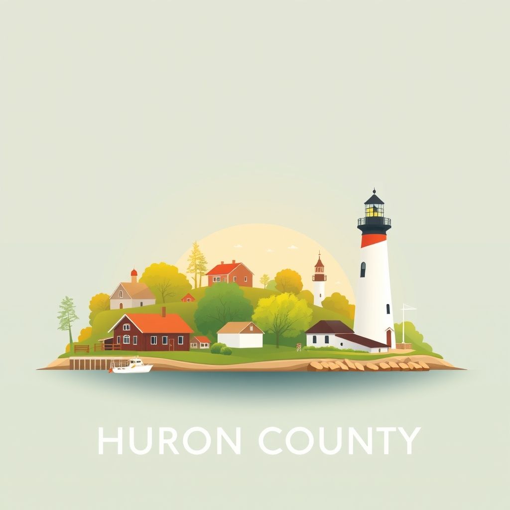 Gradient illustration of Huron County, Michigan, featuring the Huron County Nature Center, Pointe Aux Barques Lighthouse, rural landscapes, Lake Huron shoreline, and local fresh lake fish.