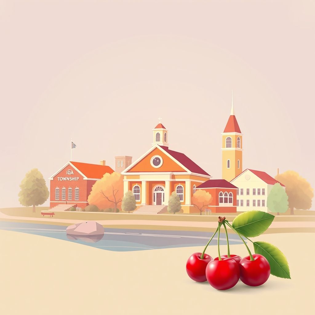 Ultra-high-definition gradient illustration of Ida Township, featuring the River Raisin, Ida Township Hall, and Michigan cherries.