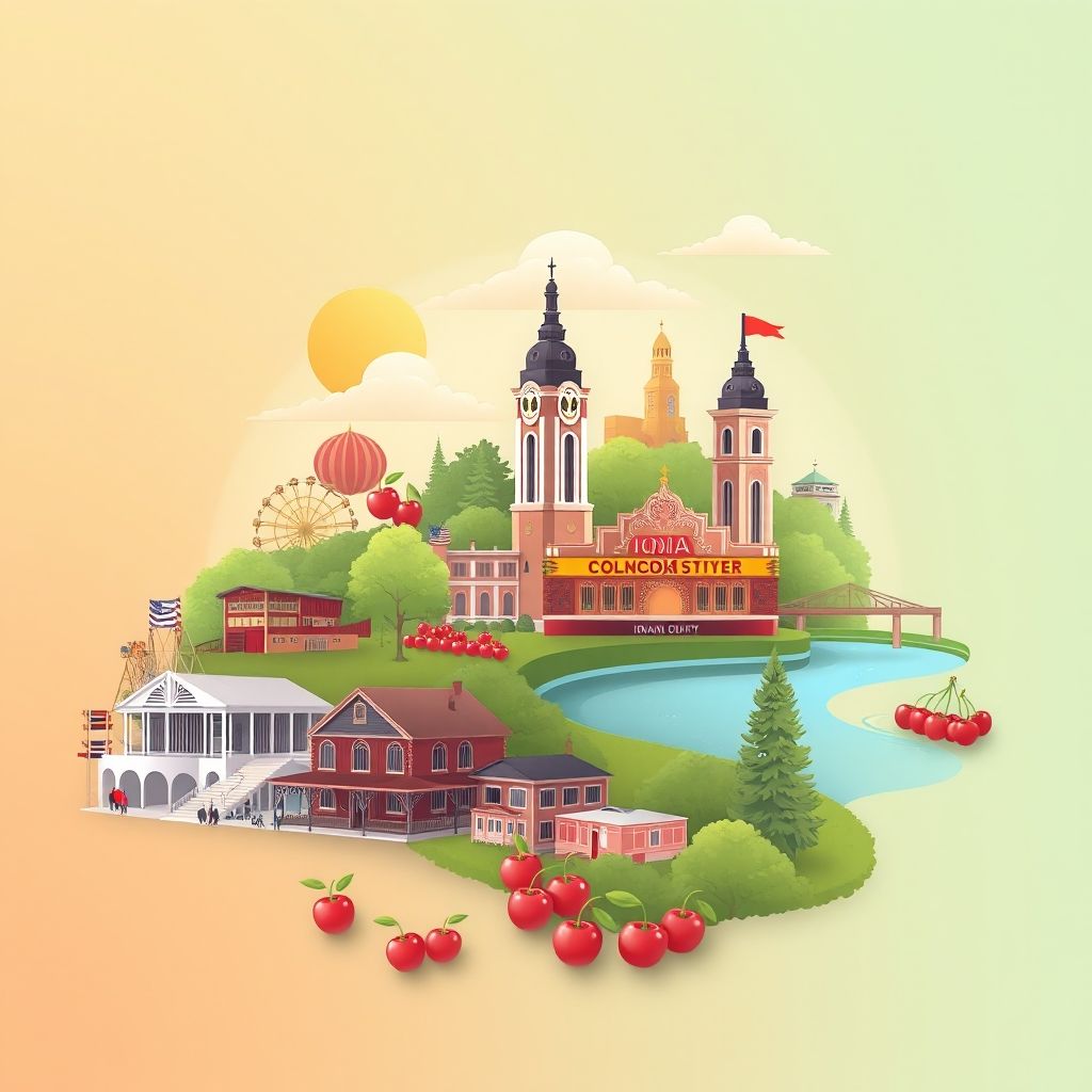 Ultra-high-definition gradient illustration of Ionia County, Michigan, featuring the Ionia Free Fair, Ionia Theatre, agricultural heritage, and the Grand River.